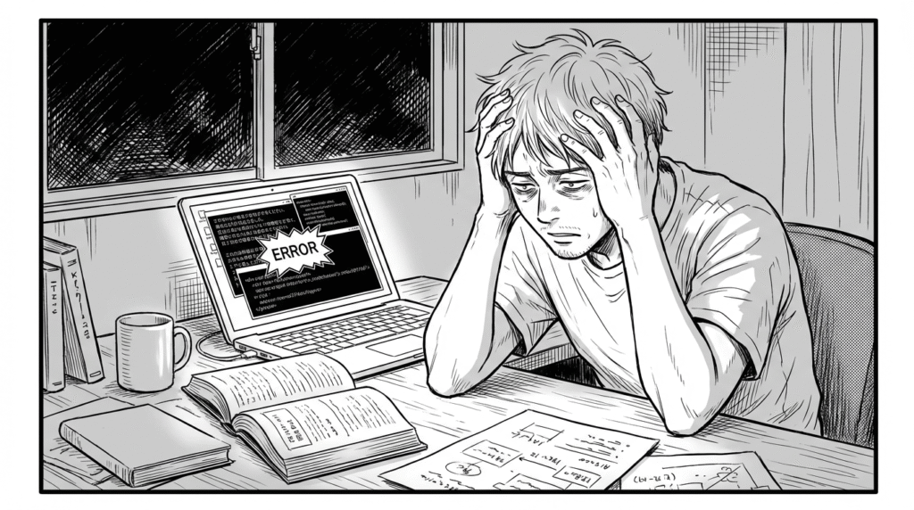 深夜の自宅で、エラーだらけのコードを前に頭を抱える30代男性の線画イラスト