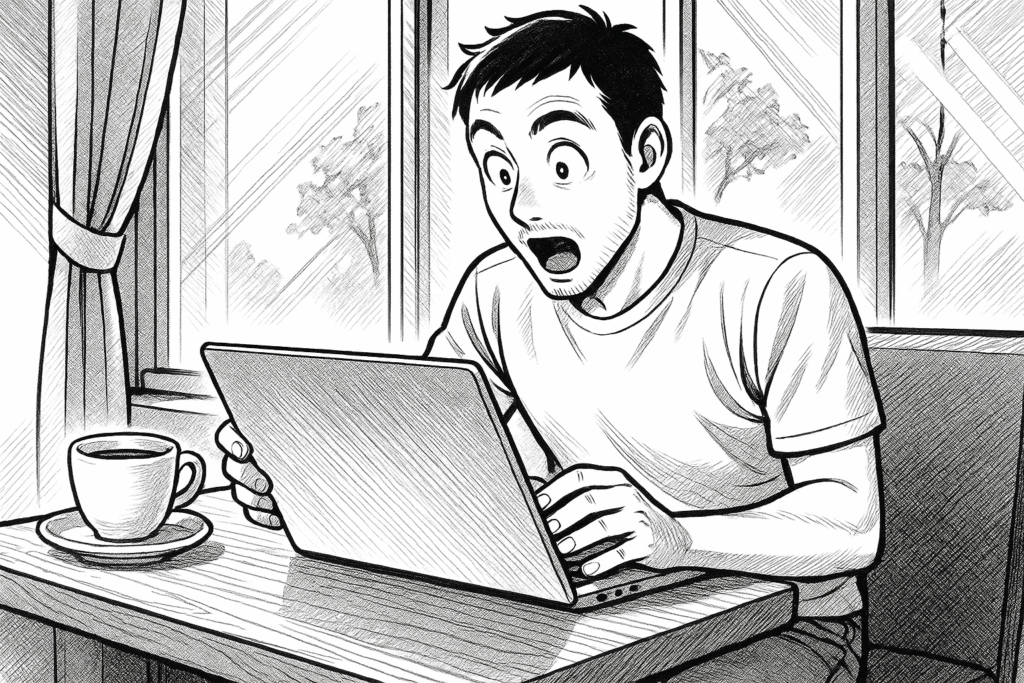 カフェでノートパソコンを開き、生成AIツールを初めて試す30代男性の線画イラスト