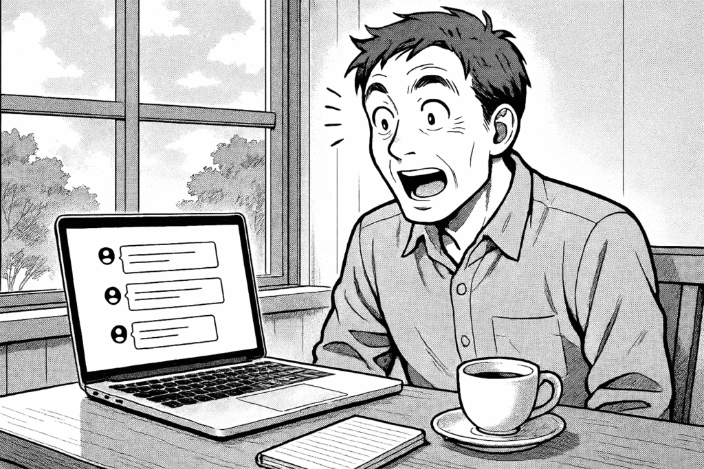 カフェでノートパソコンを開き、ChatGPTを使って記事を書く40代男性の線画イラスト