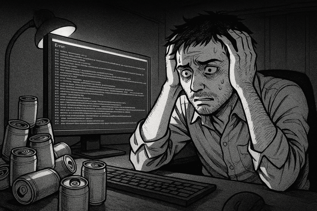 深夜のデスクで手動のパラメータ調整に疲弊する男性エンジニアの線画イラスト