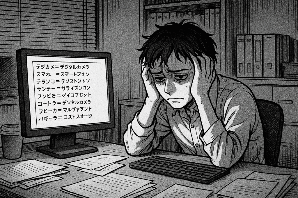深夜のオフィスで辞書登録にてんてこ舞い。大量の類義語リストを見て、心が折れかけている若いエンジニアのイラスト