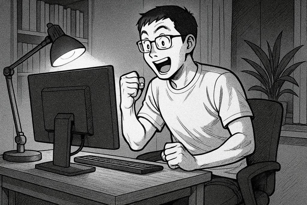深夜、自宅のデスクで高額案件の報酬を確認して喜ぶ30代男性の線画イラスト