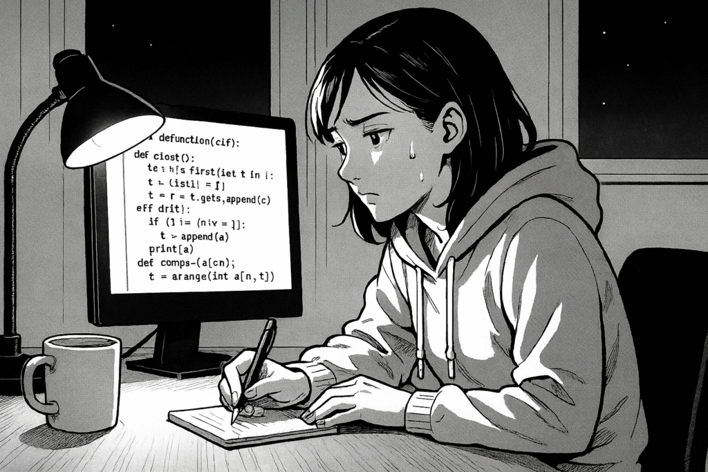 深夜、自宅の机でPythonのコードを書きながら悩む表情の20代女性の線画イラスト