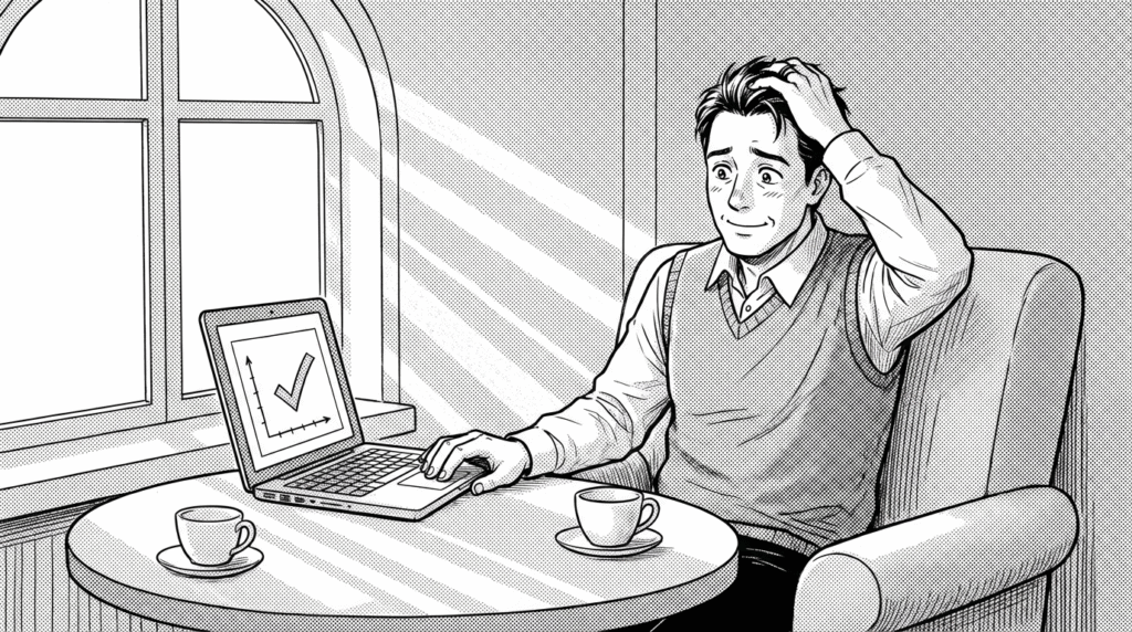 カフェでノートPCを開き、Google Colabを使ってサクサク環境構築を終えて安堵している様子の線画イラスト