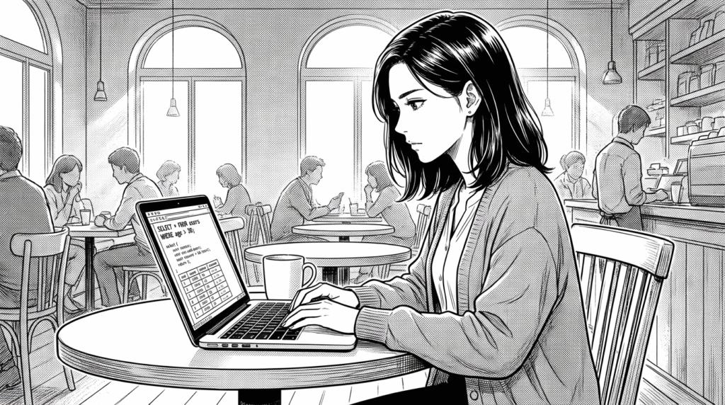 カフェでノートパソコンを開きBigQueryのクエリを実行する30代女性の線画イラスト