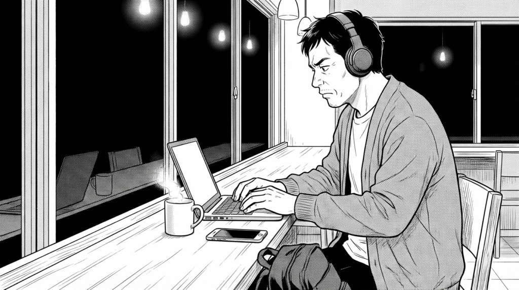 深夜、カフェの窓際でヘッドホンをつけながらコードを書く40代男性の線画イラスト