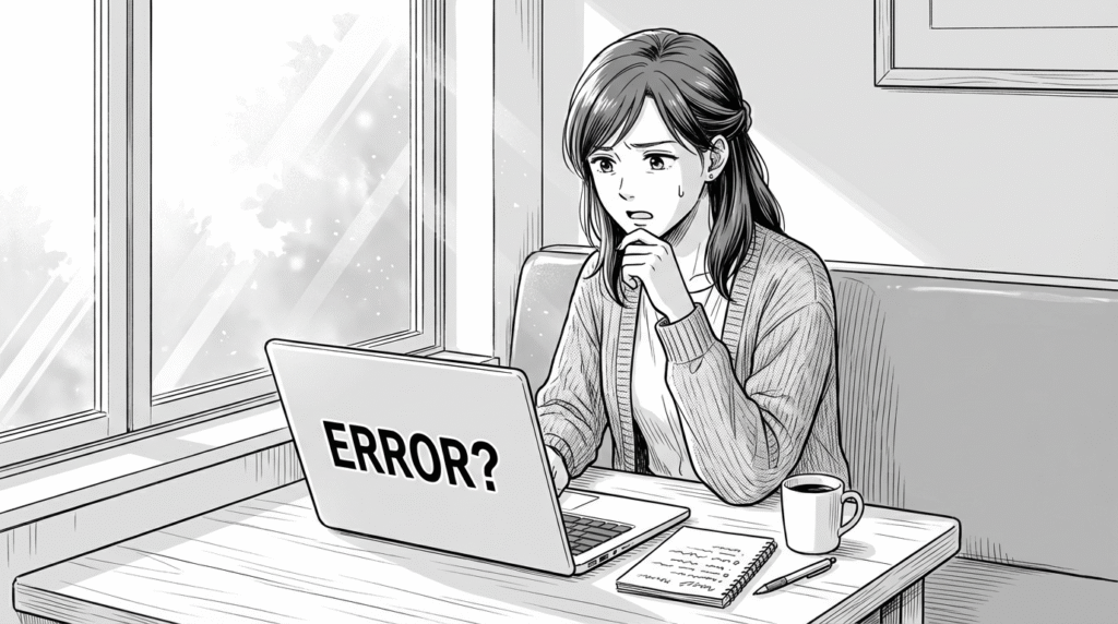 カフェでノートパソコンを見ながら、thisの概念で混乱する20代女性の線画イラスト