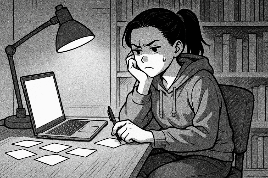 自宅の机でプロンプトの書き方に悩む20代女性の線画イラスト