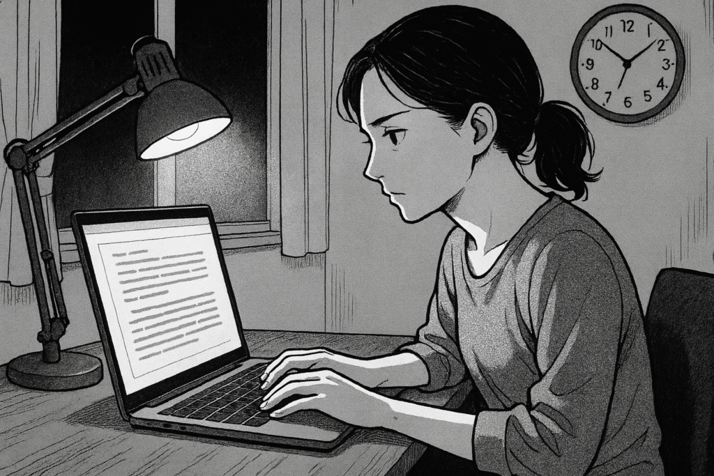 深夜、自宅の部屋でChatGPTの出力を編集する30代女性の線画イラスト