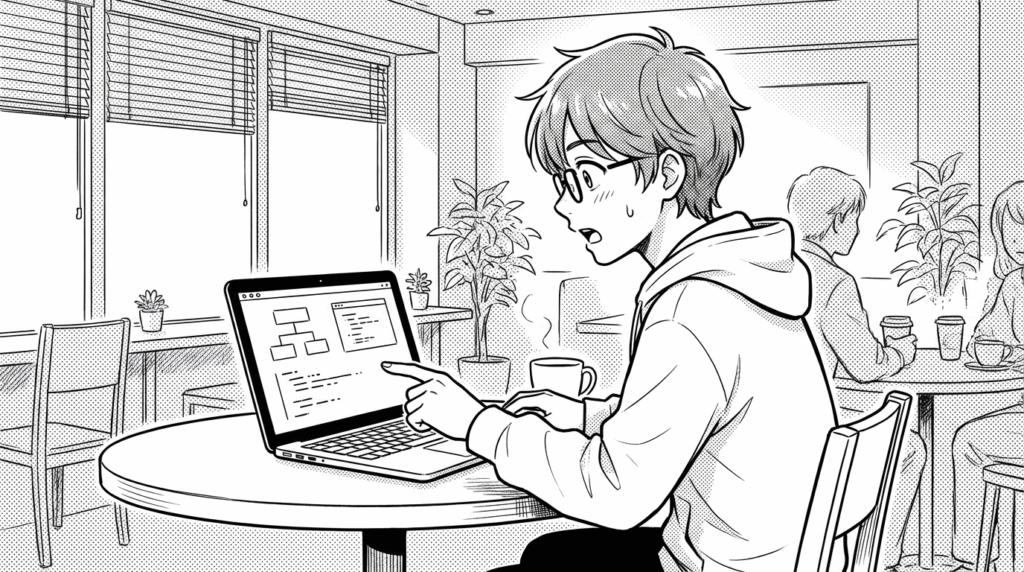 カフェでノートPCを開き、PyCaretの実行結果を見て驚きの表情を浮かべる初心者の線画イラスト