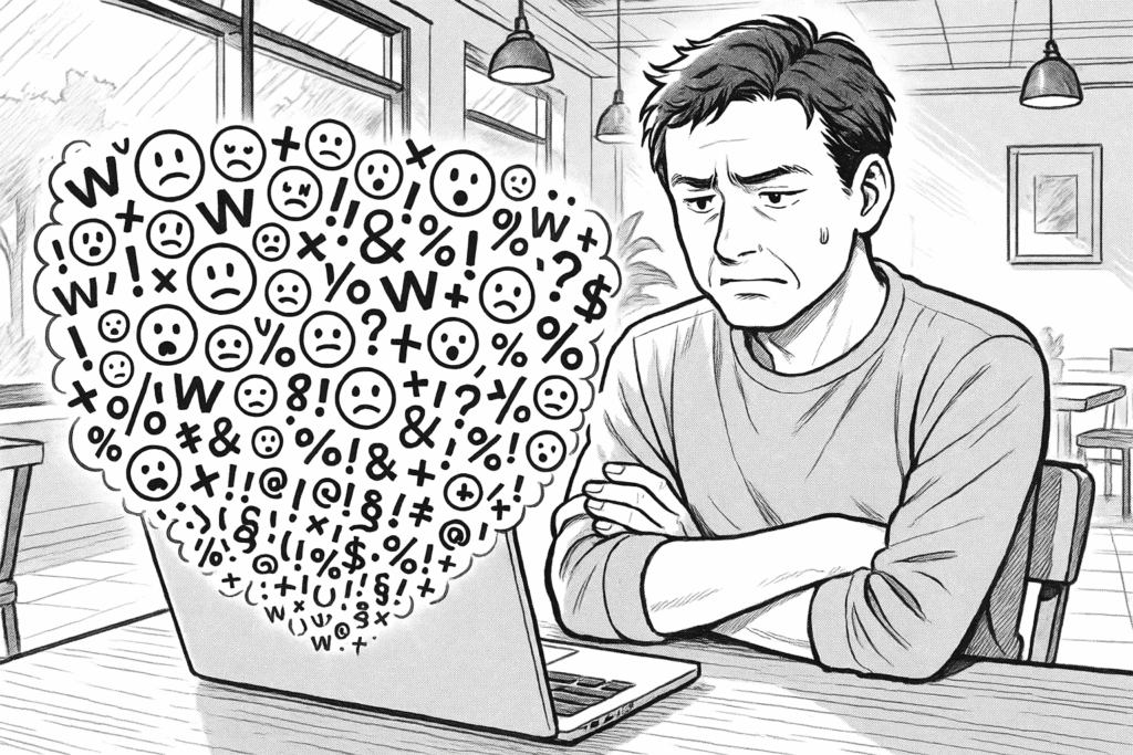 カフェでPCに向かい、汚いテキストデータの前処理コードを書いて、うんうん唸っているエンジニアのイラスト