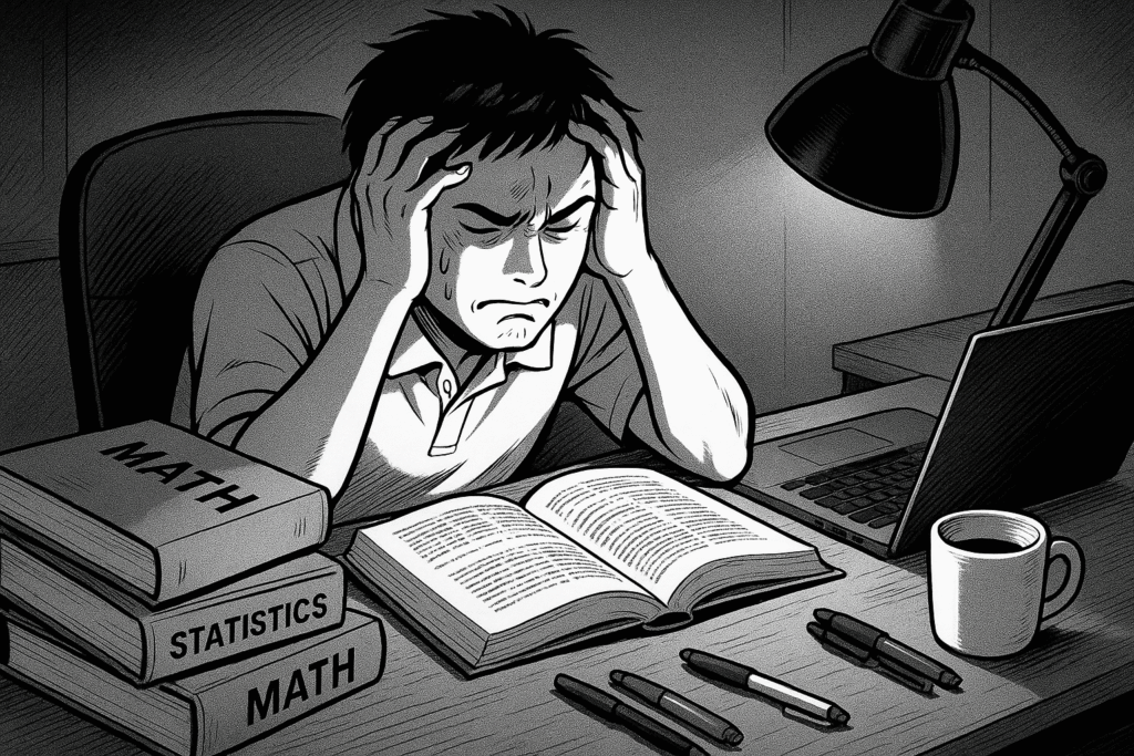分厚い数学・統計の参考書を前に頭を抱えている