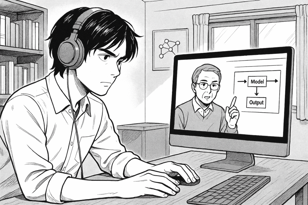 メンターとオンラインミーティングでモデル構築について相談する受講生の線画イラスト