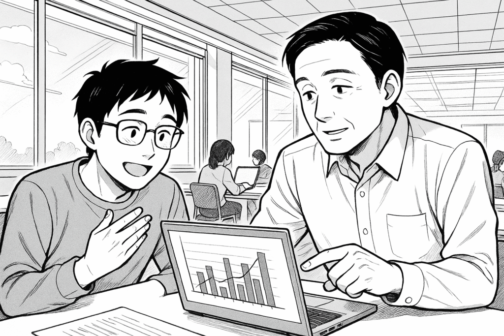 メンターから統計学の基本を学ぶ受講生の線画イラスト