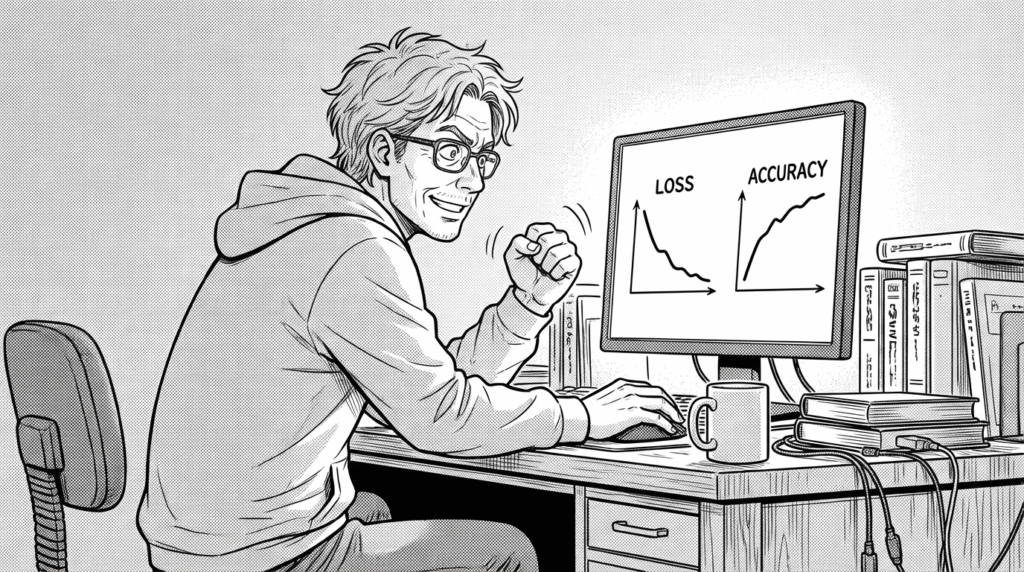 モニターに表示された学習曲線のグラフを見つめ、Lossが下がっていく様子にガッツポーズする男性の線画イラスト
