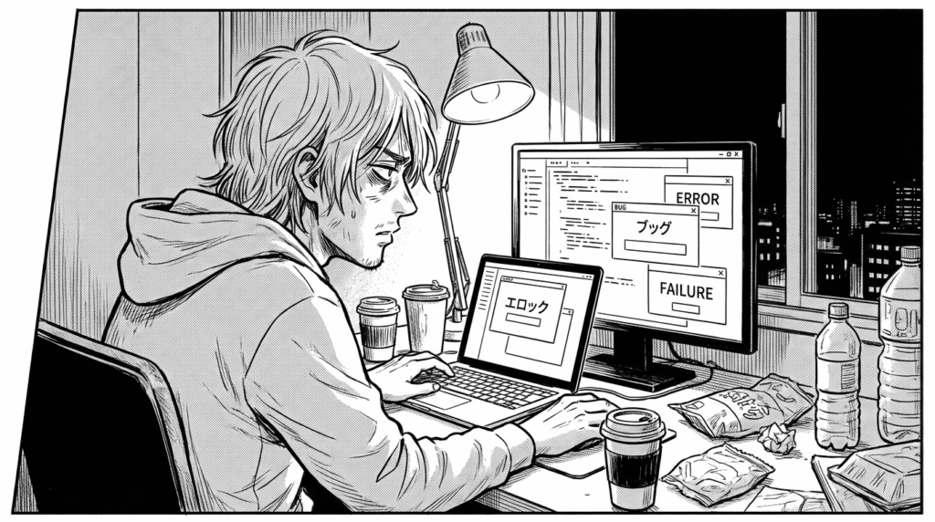 深夜、複雑なJOINクエリのエラーと格闘する20代男性の線画イラスト
