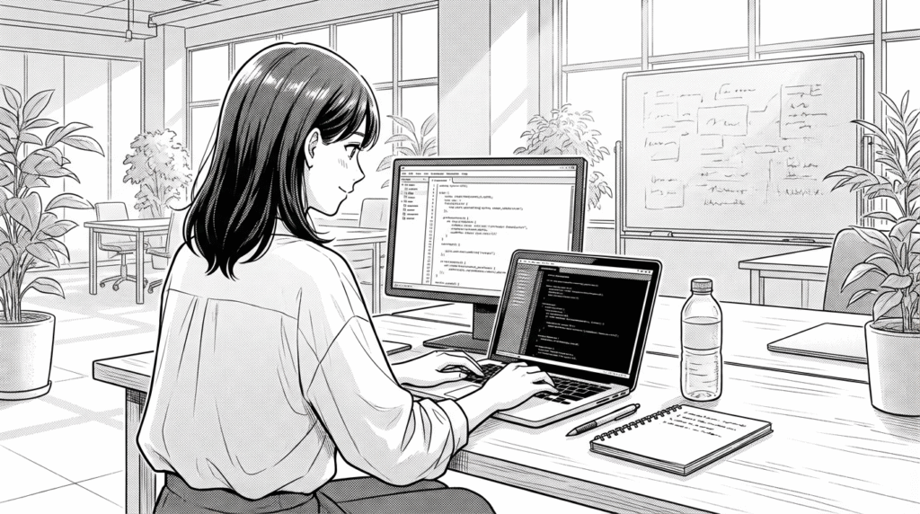 コワーキングスペースで、テキストエディタを開きながらJavaScriptのコードを書いている20代女性の線画イラスト