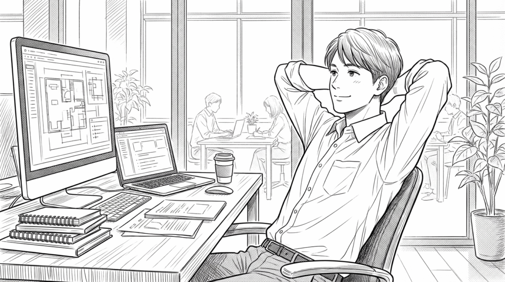 コワーキングスペースで、async/awaitのコードを書いて満足そうな20代男性の線画イラスト