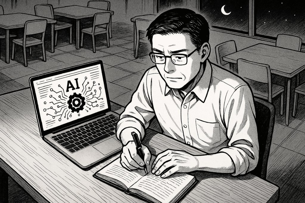 深夜のコワーキングスペースで、AIの仕組みを調べる40代男性の線画イラスト