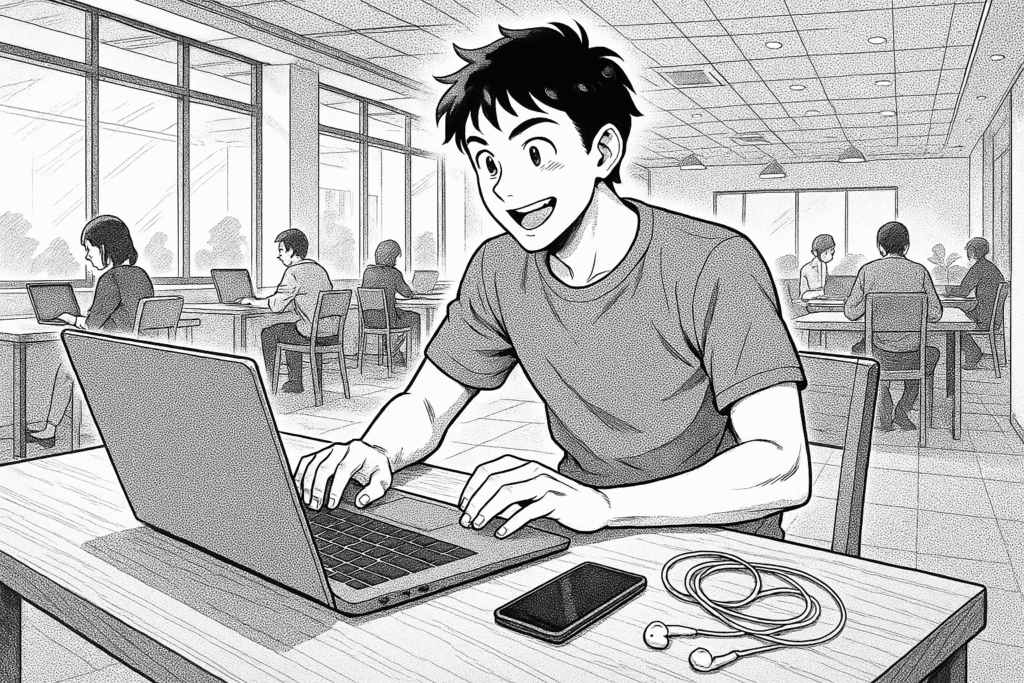 コワーキングスペースでYouTube台本を執筆する20代男性の線画イラスト