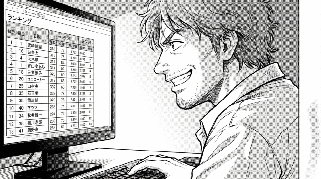 モニター画面にモデル比較のランキング表が表示され、満足げに眺めるエンジニアの線画イラスト