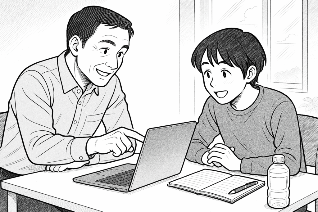 メンターが説明するように身振りをし、受講生は理解した表情でうなずいている