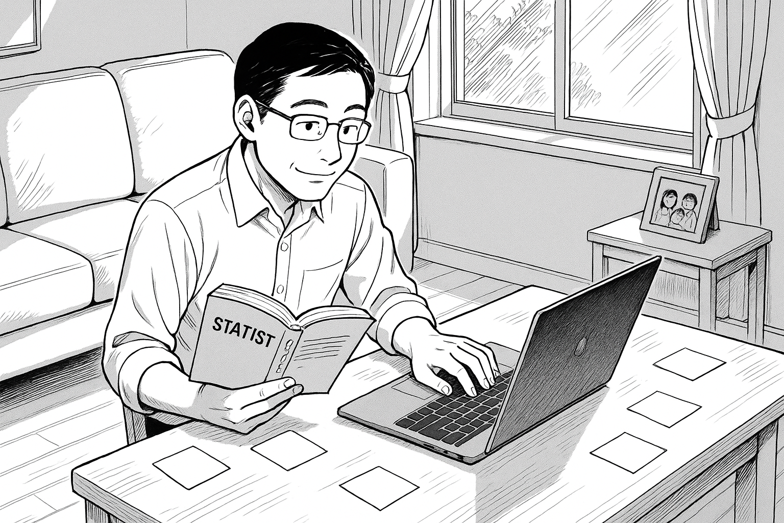自宅で統計学の教科書を読みながらコードを書く40代男性の線画イラスト