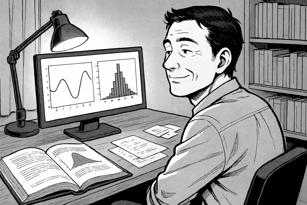 自宅でPythonのグラフ作成に成功し喜ぶ表情の40代男性の線画イラスト