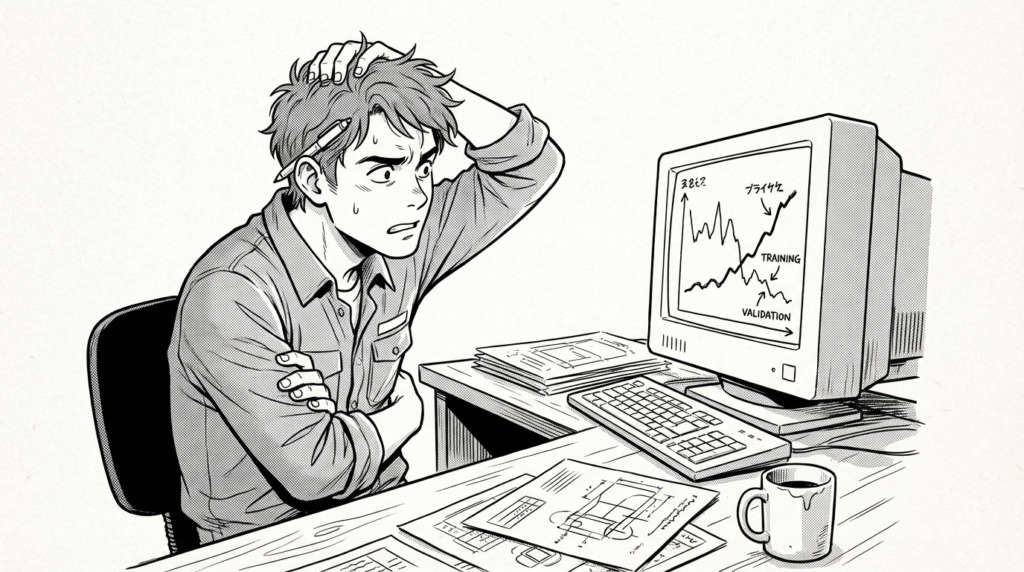 複雑なグラフを見ながら、「過学習してるなぁ…」と悩み、頭を掻いているエンジニアの線画イラスト