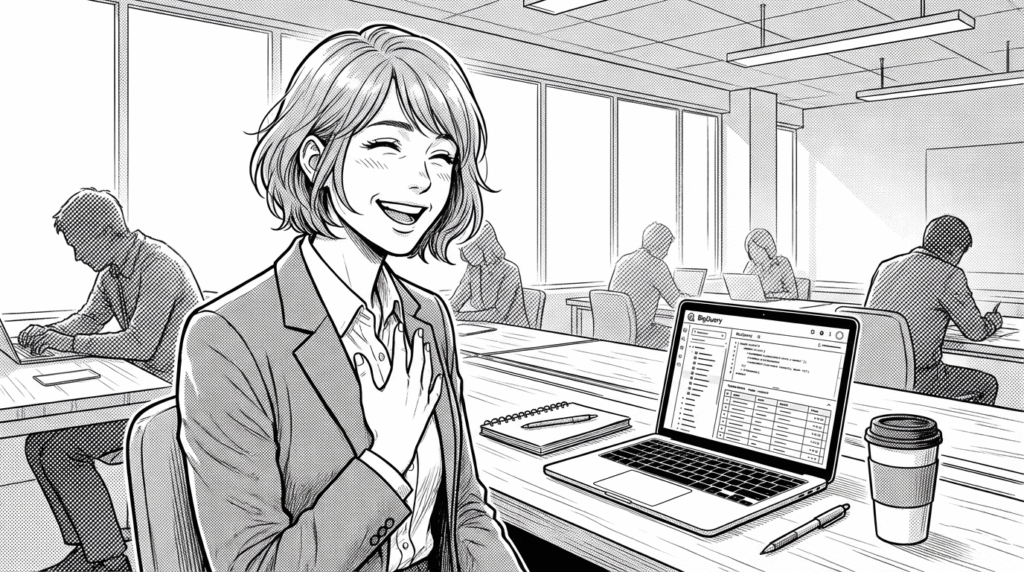 コワーキングスペースでパーティション設定を確認する30代女性の線画イラスト