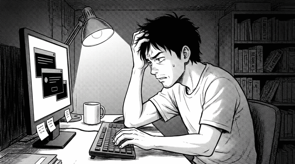 自宅の作業デスクで、エラーメッセージと格闘しながらコードをデバッグしている40代男性の線画イラスト