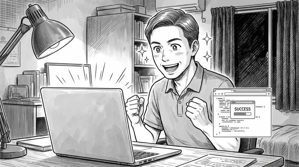 自宅のデスクで、コードが動いて喜ぶ40代男性の線画イラスト