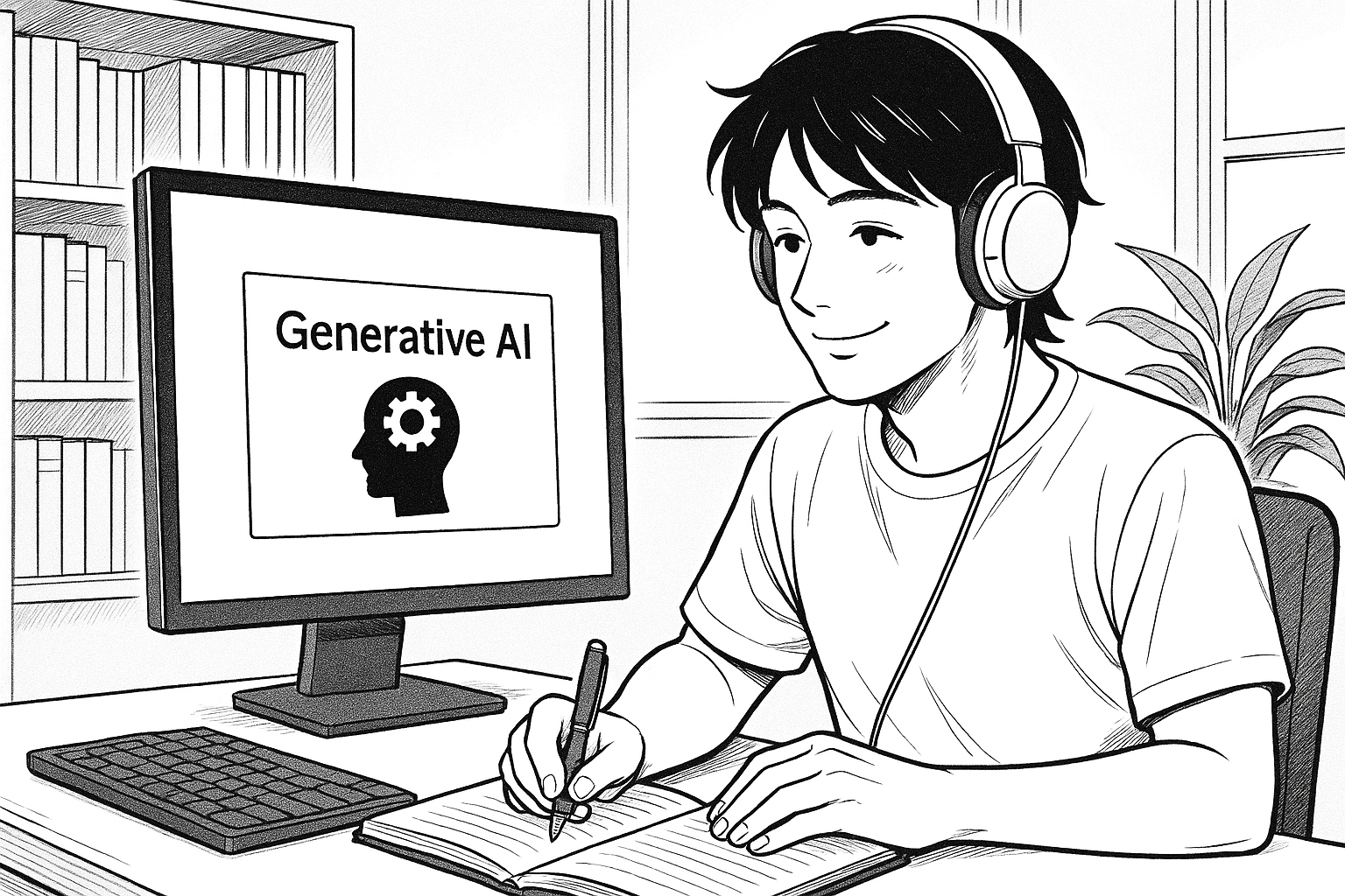 オンラインスクールの授業中、生成AIで学習する受講生の線画イラスト