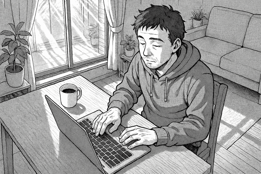 早朝、リビングでリライト作業をする40代男性の線画イラスト