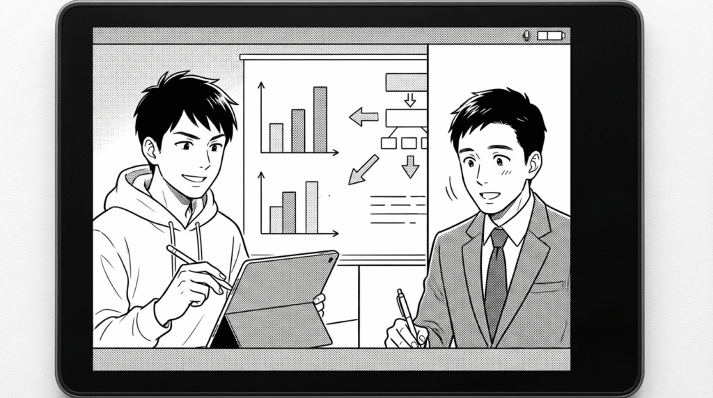 クライアントとのオンライン会議で、AutoMLで作成したグラフを見せて説明する様子の線画イラスト