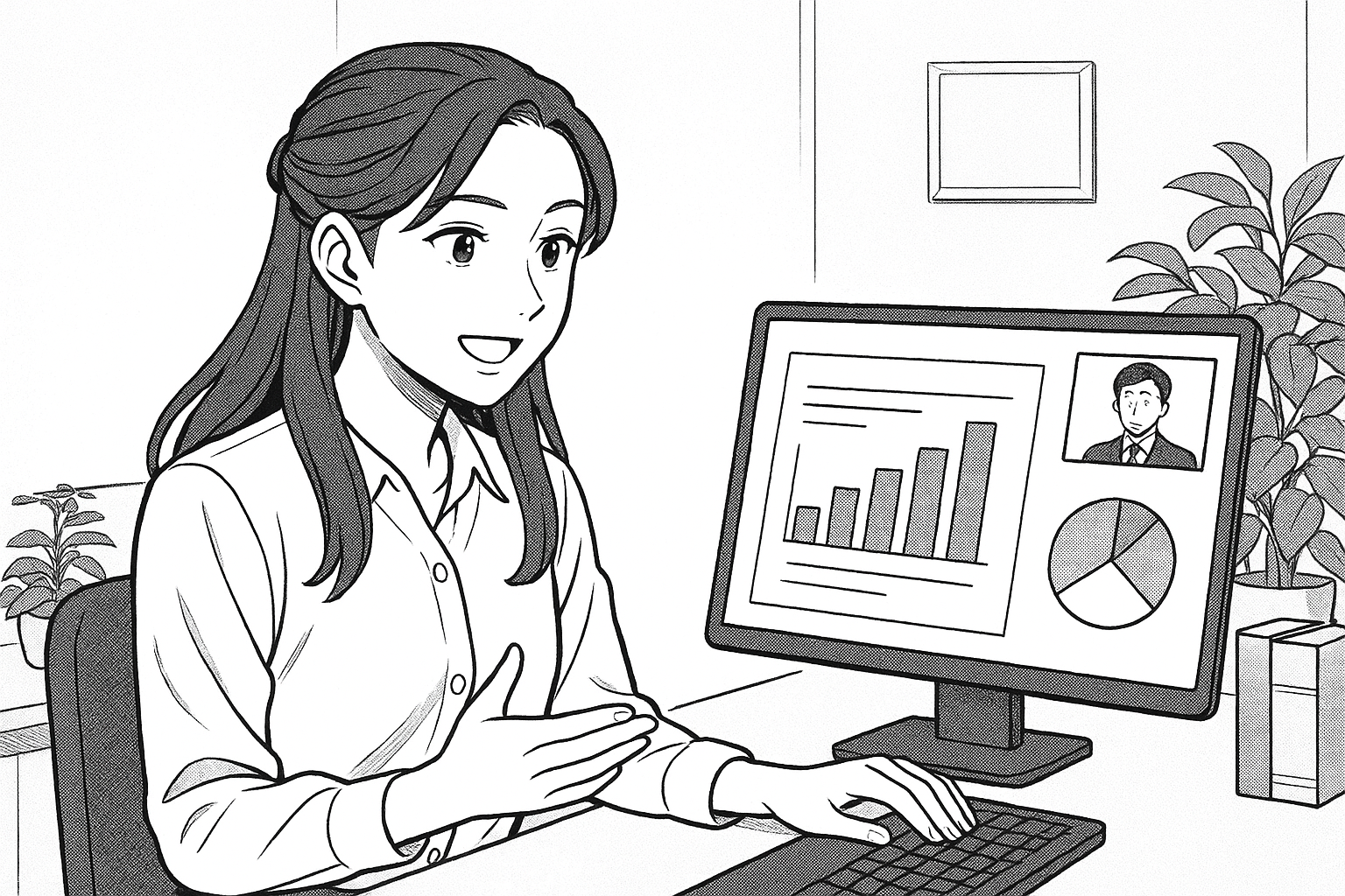 クライアントとオンラインで打ち合わせをする様子の線画イラスト