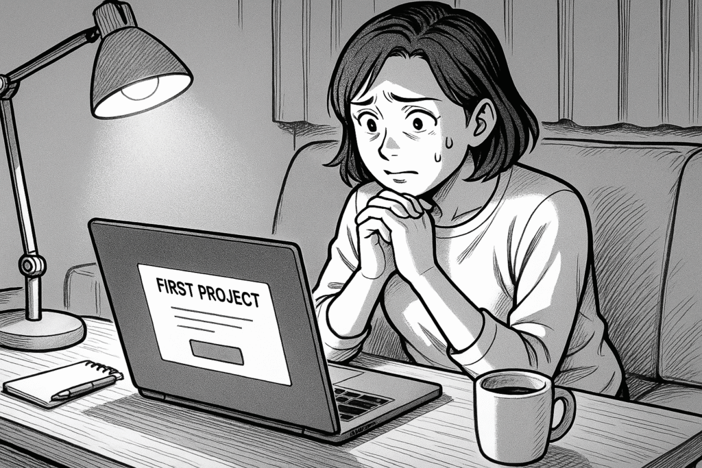 初めての案件獲得に緊張しながらパソコンに向かう様子の線画イラスト