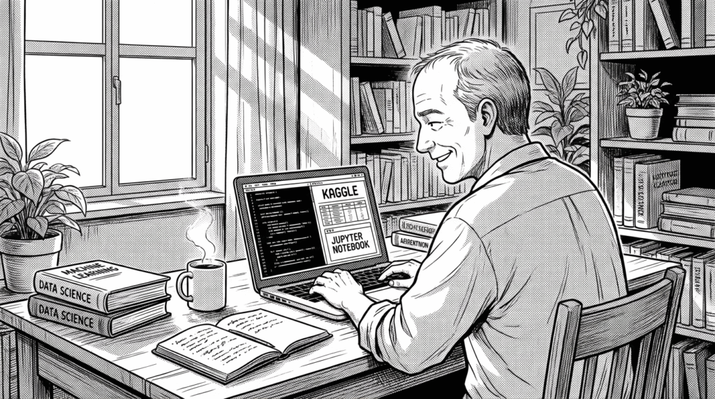 自宅でKaggleのデータセットを分析する40代男性の線画イラスト