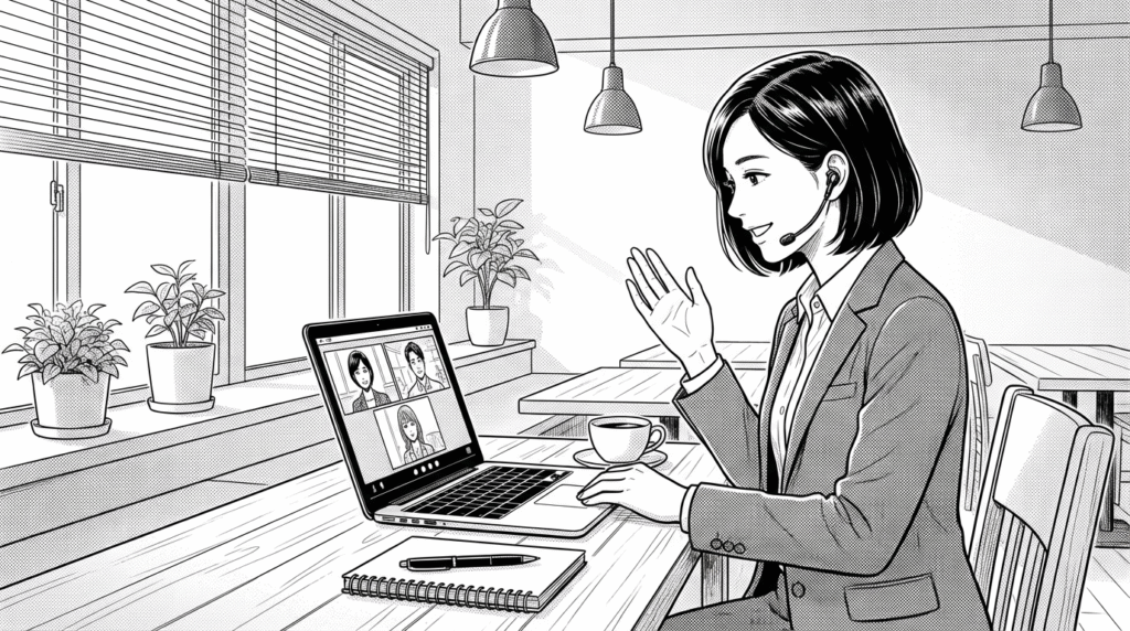 カフェでノートパソコンを開き、クライアントとオンラインミーティングをしている30代女性の線画イラスト