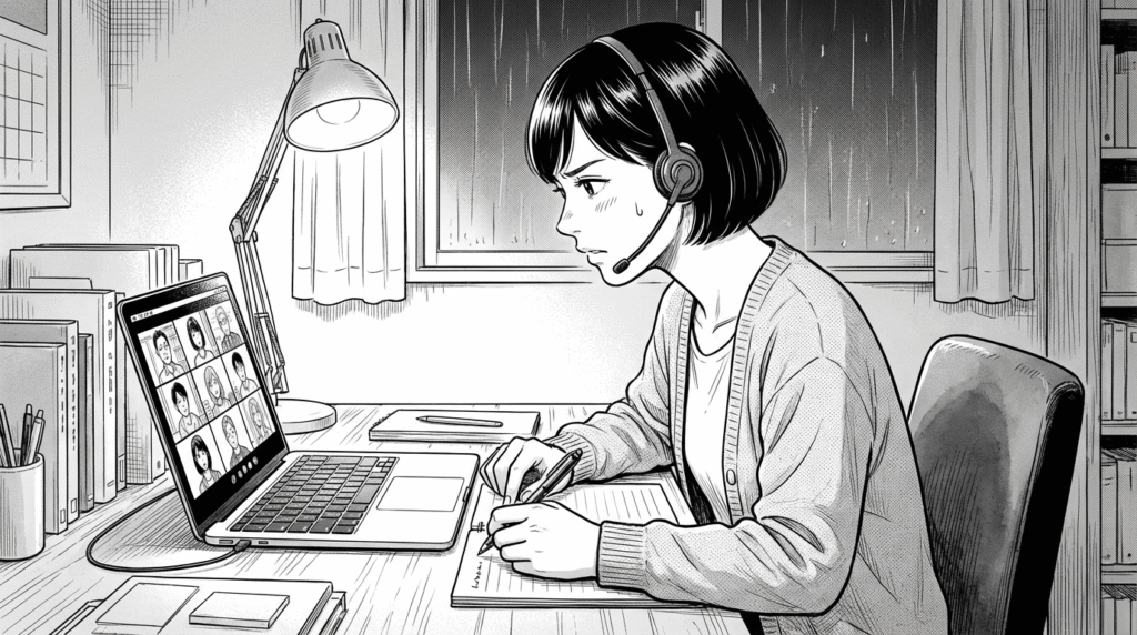 オンラインミーティングで、メンターに質問する30代女性の線画イラスト