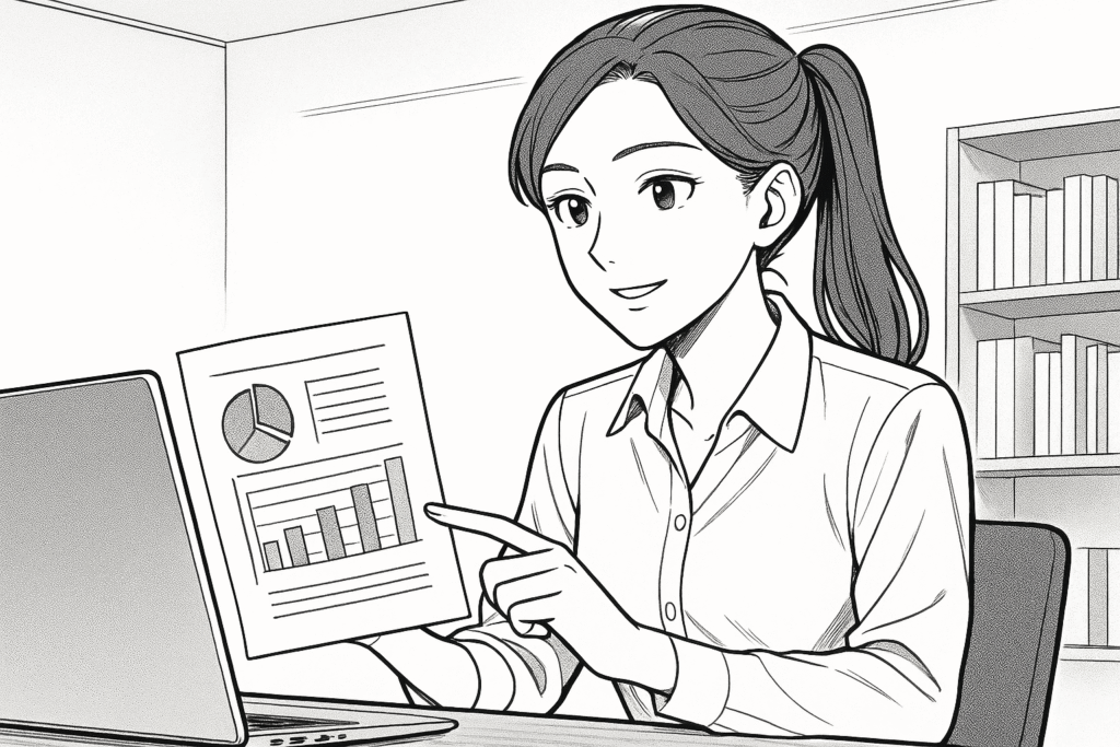 クライアントとのオンライン打ち合わせで提案する様子の線画イラスト