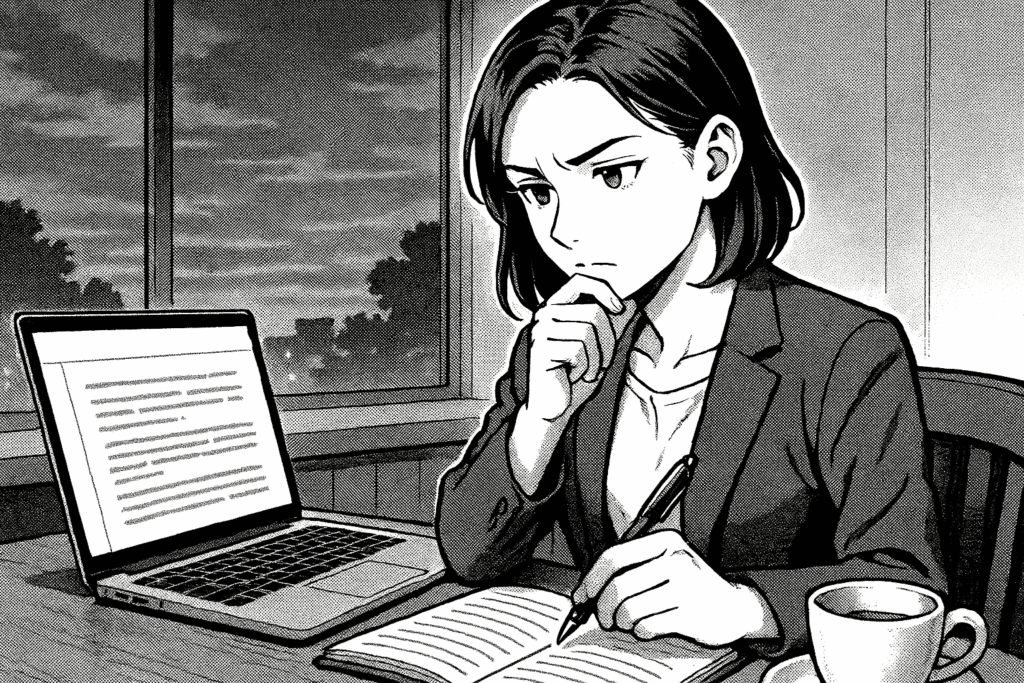 夕方、カフェでChatGPTの出力を編集しながら考え込む30代女性の線画イラスト