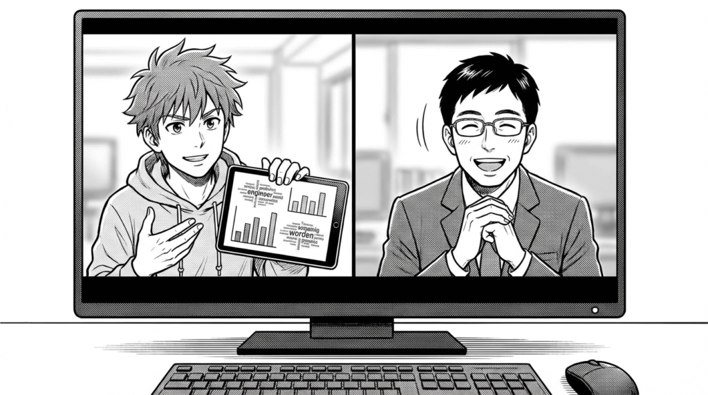 分析レポートを見せながら、クライアントにロジカルに説明しているエンジニアのイラスト