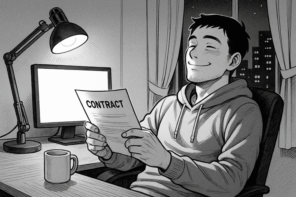 深夜、継続案件の契約書にサインして安堵する表情の線画イラスト