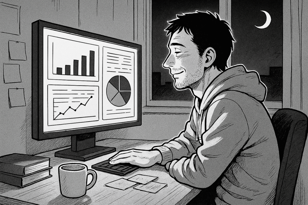 深夜、データ分析の成果を確認し達成感に満ちた表情の線画イラスト