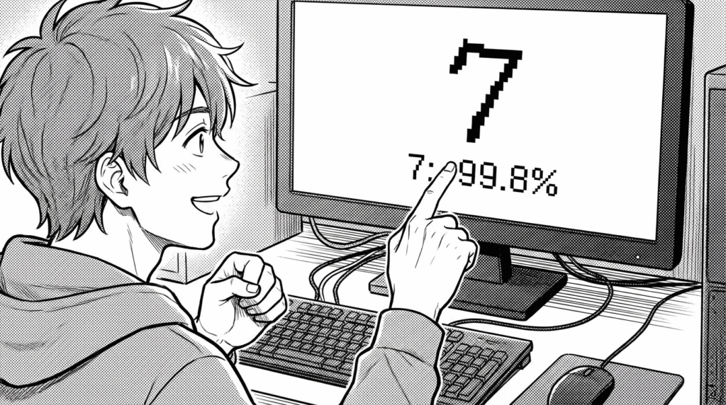 自分で作成したモデルが正しく手書き数字を認識し、その結果が表示されたモニター画面を指差して喜んでいるエンジニアの線画イラスト