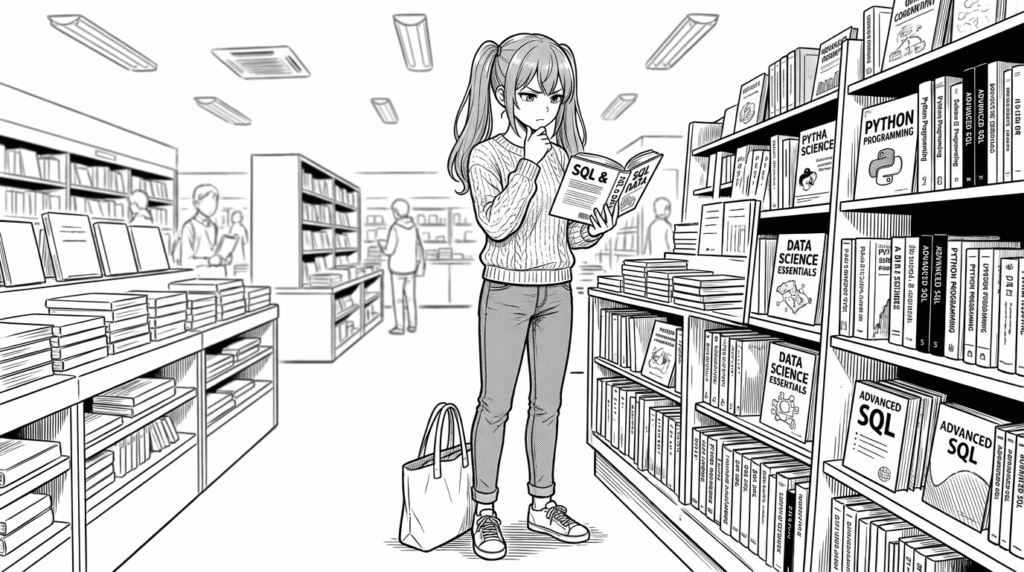 書店で技術書を手に取り内容を確認する20代女性の線画イラスト