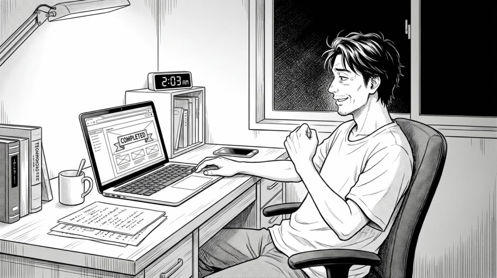深夜、自宅のデスクで完成したWebアプリの画面を確認しながら、満足そうに微笑む40代男性の線画イラスト