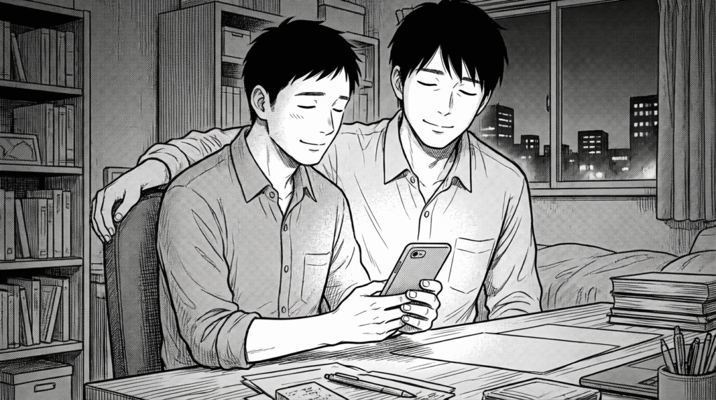 自宅で高額案件の受注通知を見て喜ぶ30代男性の線画イラスト