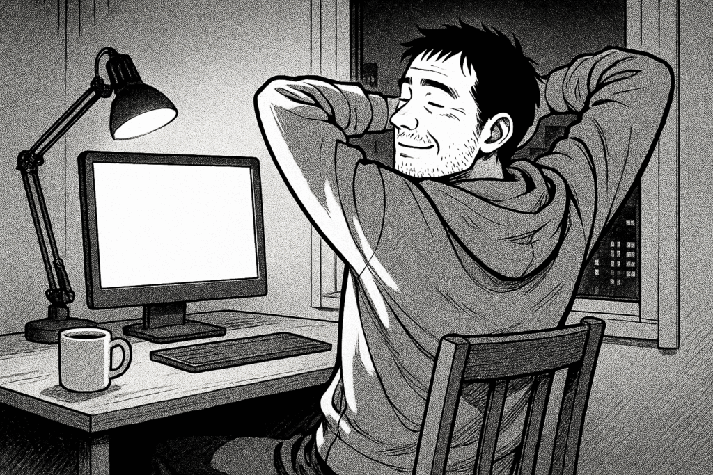 深夜、自宅で案件の納品作業を終えて達成感に浸る様子の線画イラスト